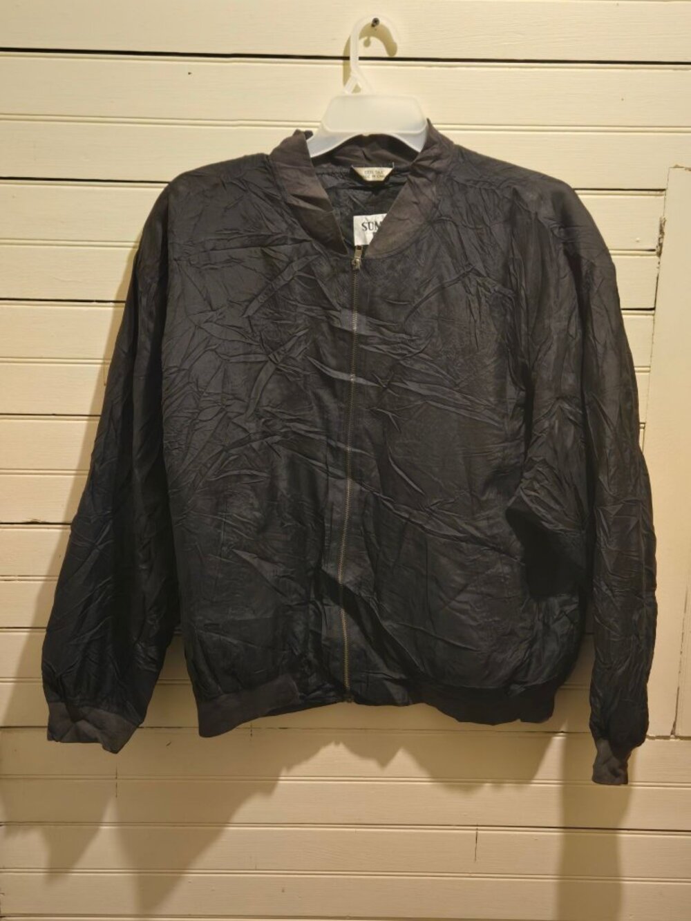 SUMMA Silk Bomber Jacket L Black Zip Front Lightweight Silk Shell Vintage Look